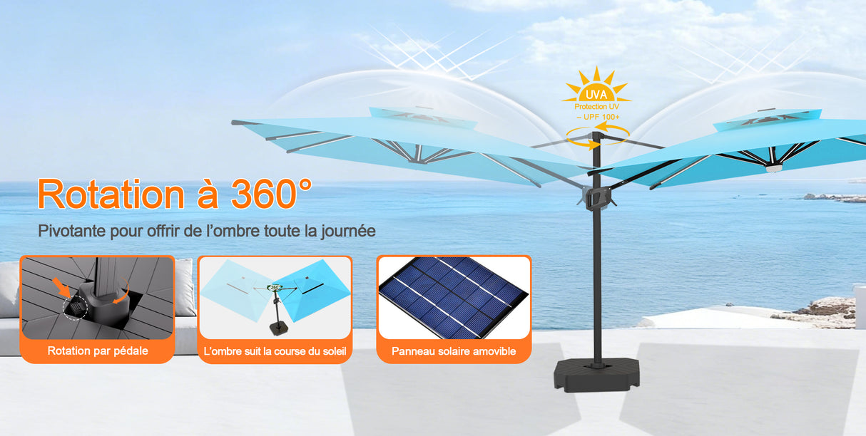 Patioslife Aegis – Parasol déporté Premium avec éclairage LED intégré, base croisée en métal et baleines en fibre de verre