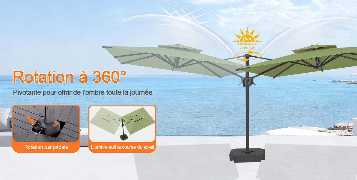 Parasol déporté Patioslife Aegis Pro™ avec base et housse de protection — Baleines en fibre de verre et mât en aluminium à revêtement thermolaqué pour jardin et terrasse