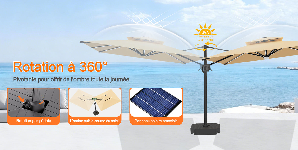 Patioslife Aegis – Parasol déporté Premium avec éclairage LED intégré, base croisée en métal et baleines en fibre de verre