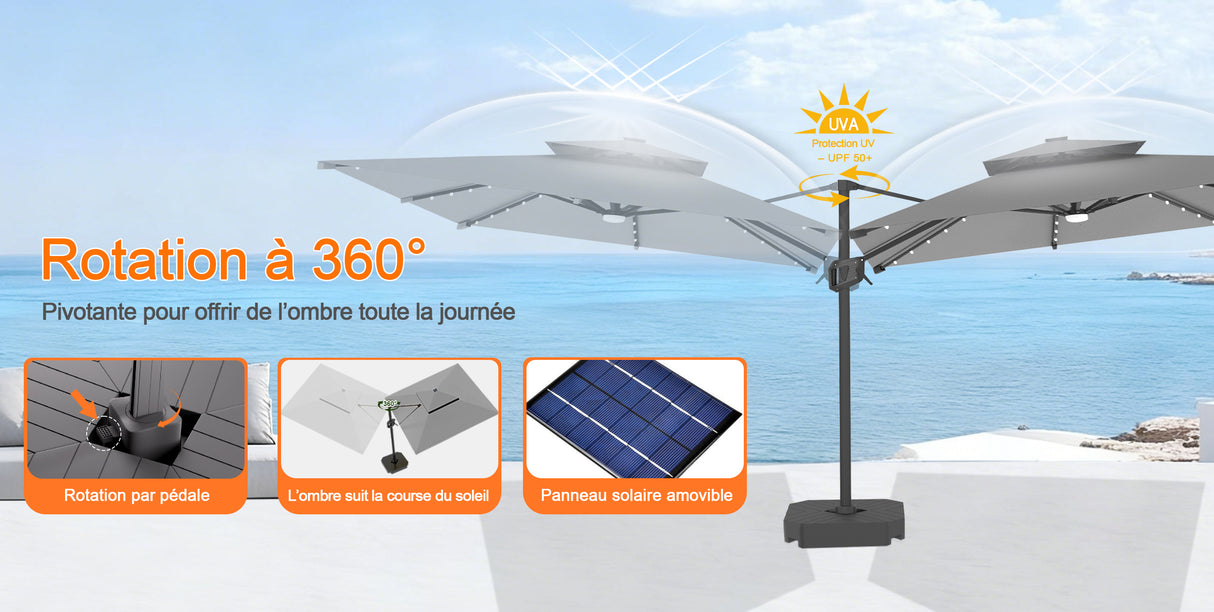 Parasol déporté Patioslife Aegis Pro avec éclairage LED et housse de protection, baleines et mât en aluminium à revêtement thermolaqué — Idéal pour jardins et terrasses