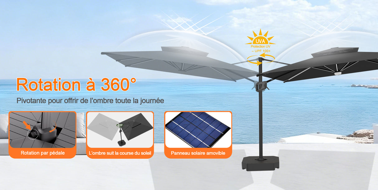 Patioslife Aegis – Parasol déporté Premium avec éclairage LED intégré, base croisée en métal et baleines en fibre de verre