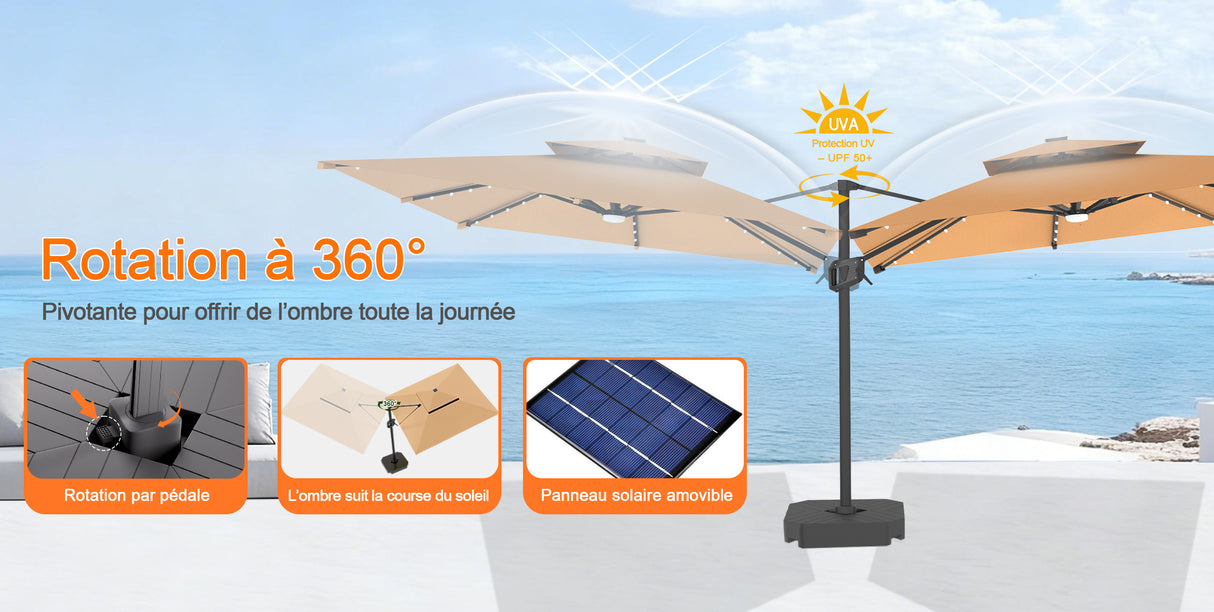 Parasol déporté Patioslife Aegis Pro avec éclairage LED et housse de protection, baleines et mât en aluminium à revêtement thermolaqué — Idéal pour jardins et terrasses