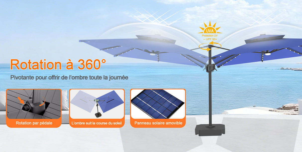 Parasol déporté Patioslife Aegis Pro avec éclairage LED et housse de protection, baleines et mât en aluminium à revêtement thermolaqué — Idéal pour jardins et terrasses