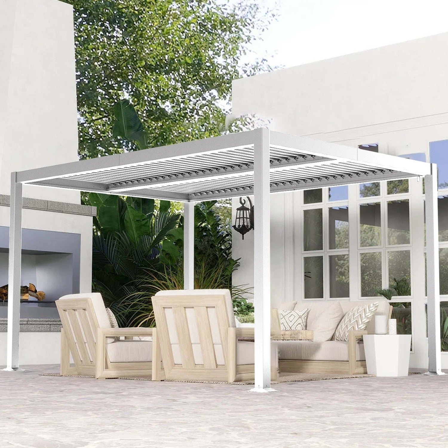 Aluminium Louvered Pergola,patioslife,Poolside,Outdoor Leisure Area,Outdoor Kitchen or Dining Area,Garden Pathway,Rooftop Terrace,Sun Shading & Light Contro,Space Definition,white