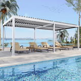 Patioslife Atlantic™，Louvered Pergola，Aluminium Frame，Adjustable Roof，Ambient LED Lights，Freestanding Design，Outdoor Shelter，Patio Pavilion，Deck Pergola，Poolside Shade，Weatherproof，Sunshade & Rain Protection，Modern Outdoor Furniture，Luxury Patio Structure，Contemporary Design，Architectural Style，Premium Outdoor Living，white